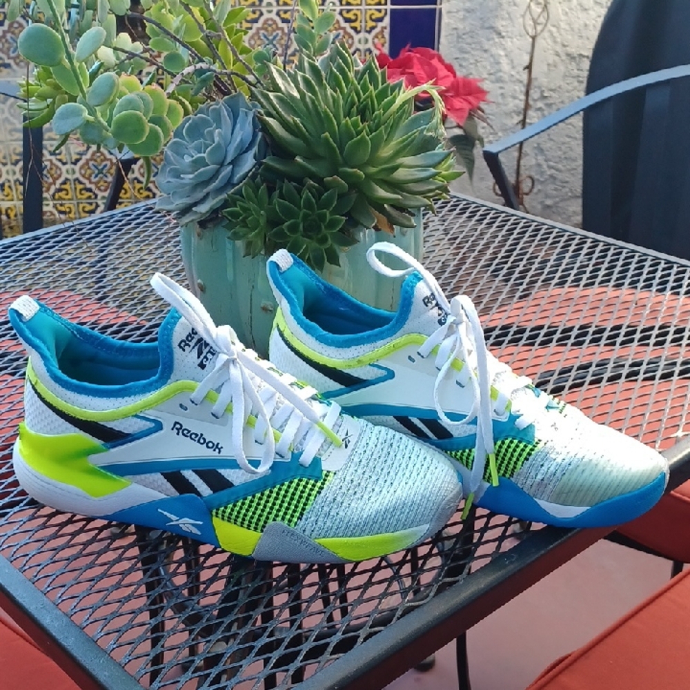 Reebok Nano Court  White and Blue Sneakers with Digital lime Accents size 8